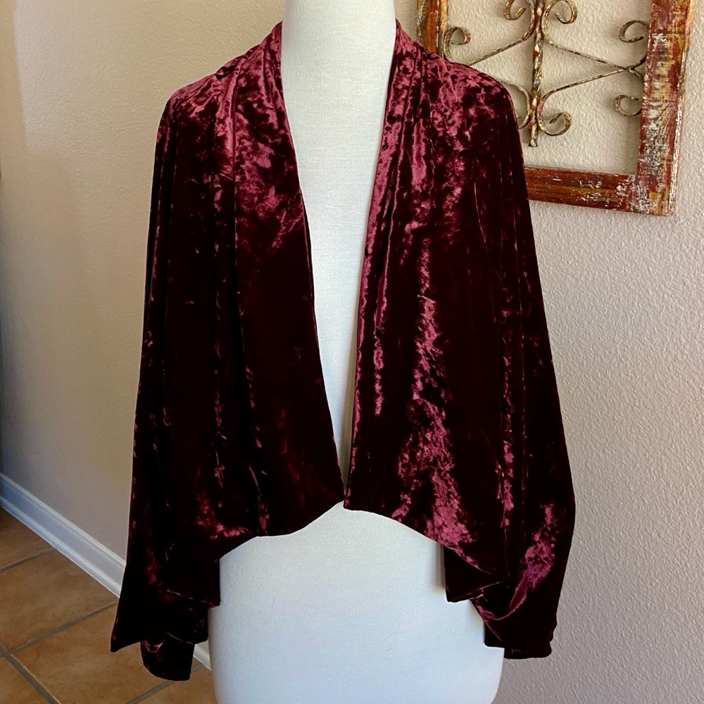 Vince Camuto - Jacket - Crushed Velvet - Drape Collar - Burgundy - Open Front